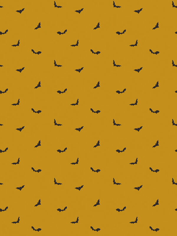 Apothecary Batwings Gold fabric with silhouetted bats in flight