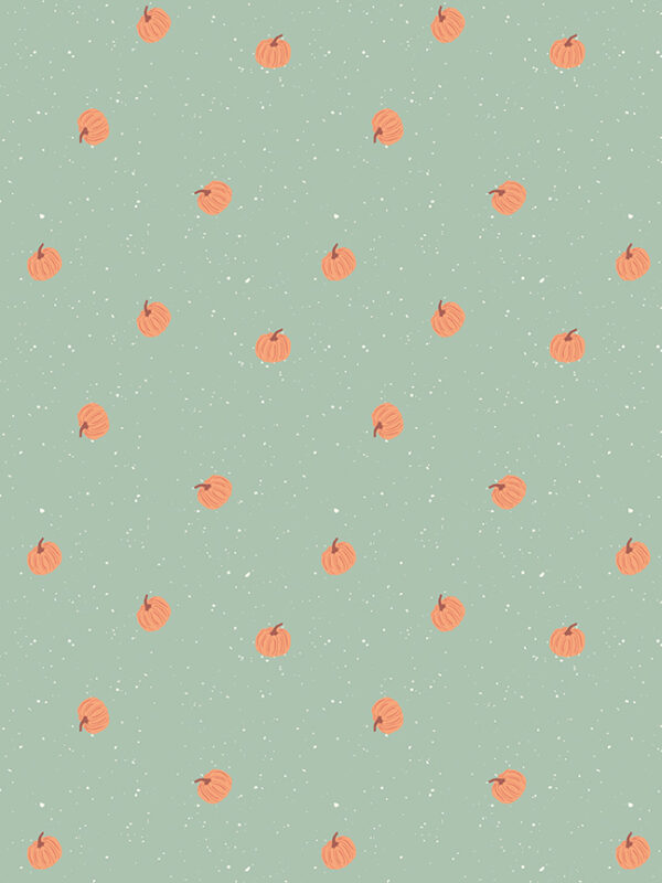 Apothecary Pumpkin Toss Mint fabric with scattered pumpkins on speckled background