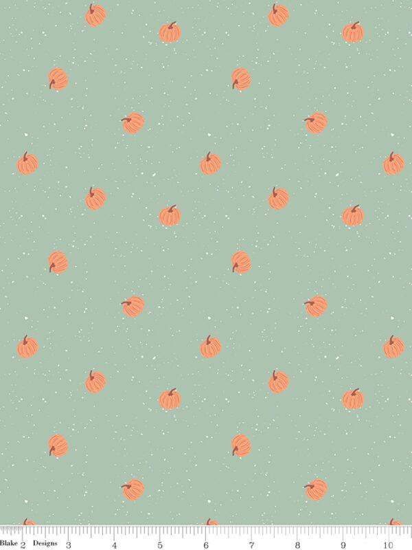 Apothecary Pumpkin Toss Mint fabric with scattered pumpkins on speckled background