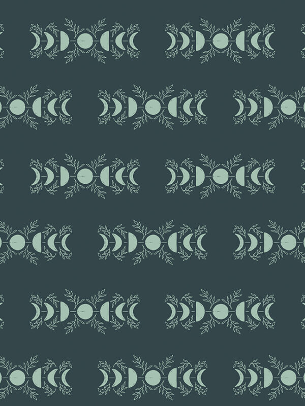 Apothecary Celestial Teal fabric with moon phases and botanical design