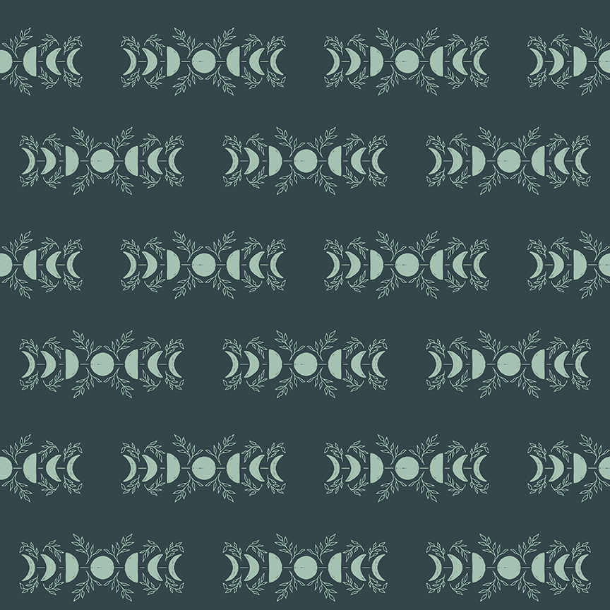 Apothecary Celestial Teal fabric with moon phases and botanical design