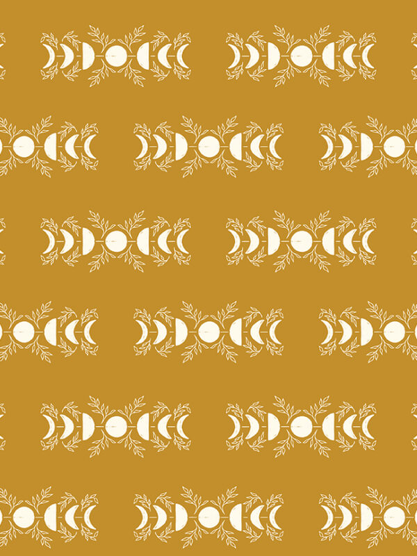 Apothecary Celestial Gold fabric with moon phases and botanical design