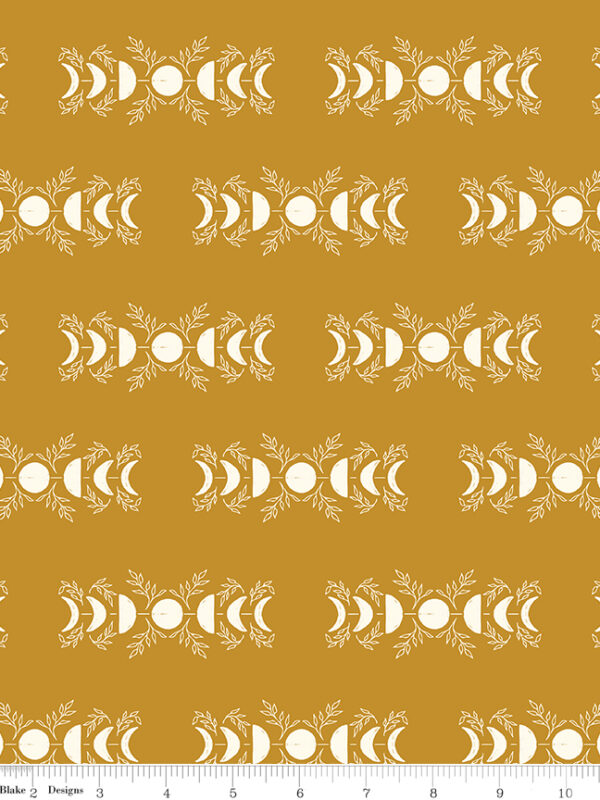 Apothecary Celestial Gold fabric with moon phases and botanical design