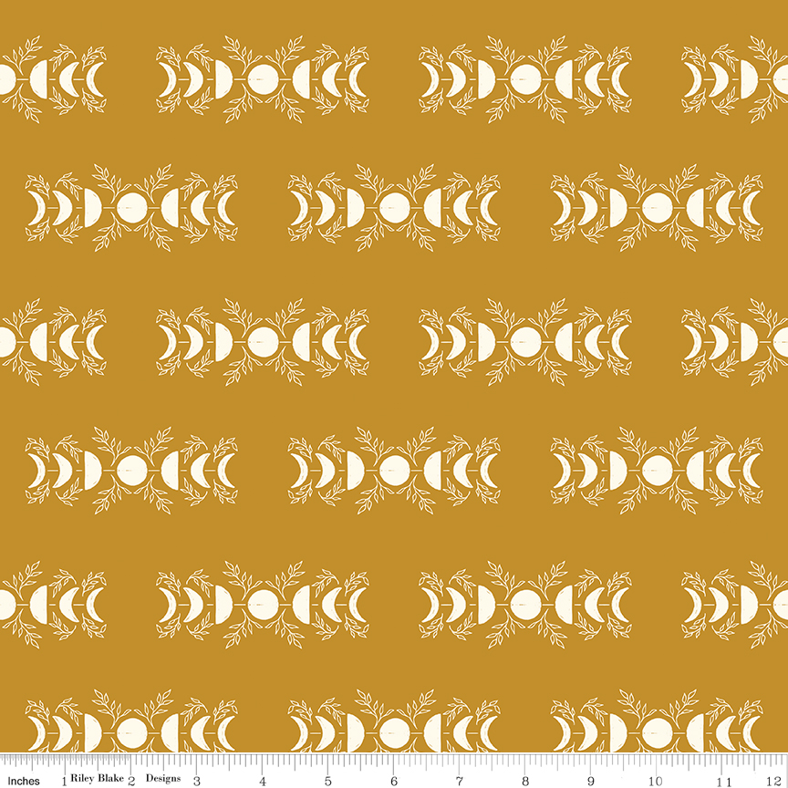 Apothecary Celestial Gold fabric with moon phases and botanical design