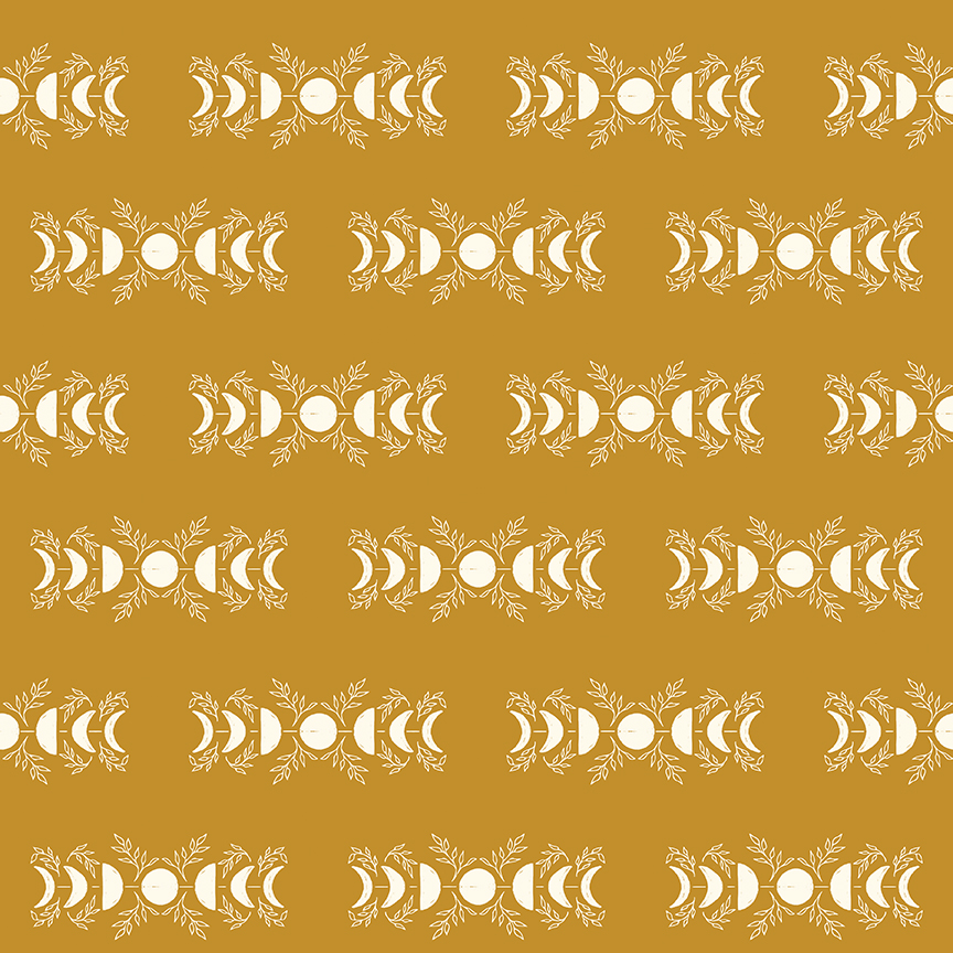Apothecary Celestial Gold fabric with moon phases and botanical design