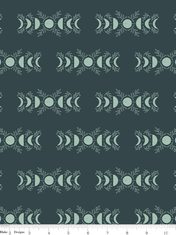 Apothecary Celestial Teal fabric with moon phases and botanical design
