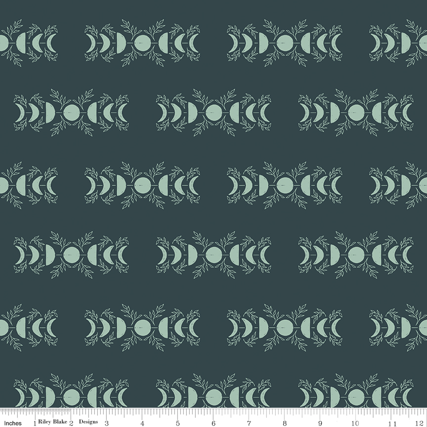 Apothecary Celestial Teal fabric with moon phases and botanical design