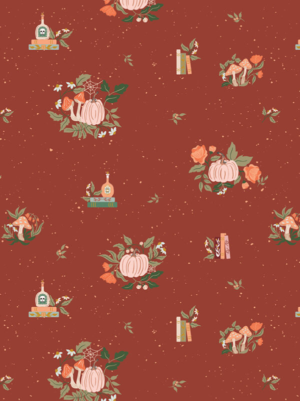 Apothecary Botanicals Rust fabric with pumpkins mushrooms books and botanicals