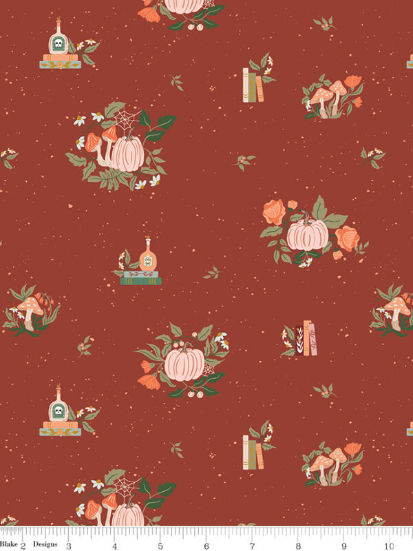 Apothecary Botanicals Rust fabric with pumpkins mushrooms books and botanicals
