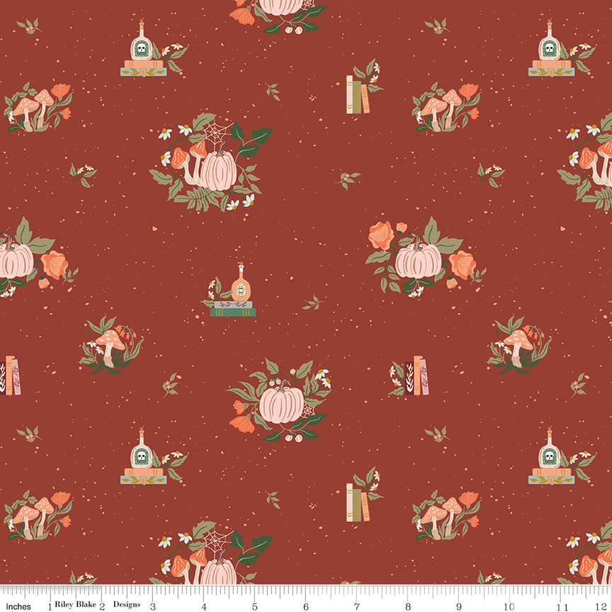 Apothecary Botanicals Rust fabric with pumpkins mushrooms books and botanicals