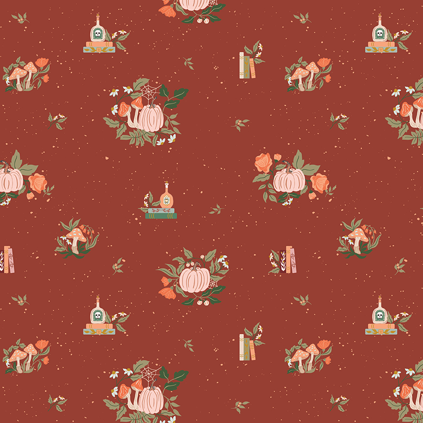 Apothecary Botanicals Rust fabric with pumpkins mushrooms books and botanicals