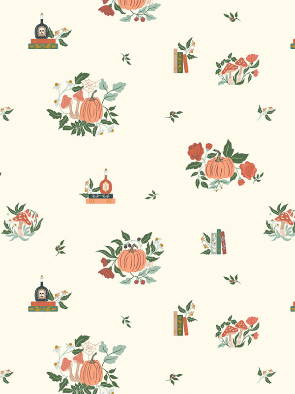 Apothecary Botanicals Cream fabric with pumpkins mushrooms books and botanicals on light background