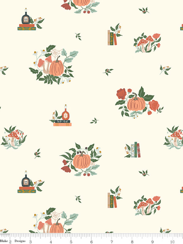 Apothecary Botanicals Cream fabric with pumpkins mushrooms books and botanicals on light background