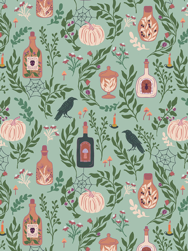 Apothecary Main Mint fabric with bottles pumpkins ravens and botanicals