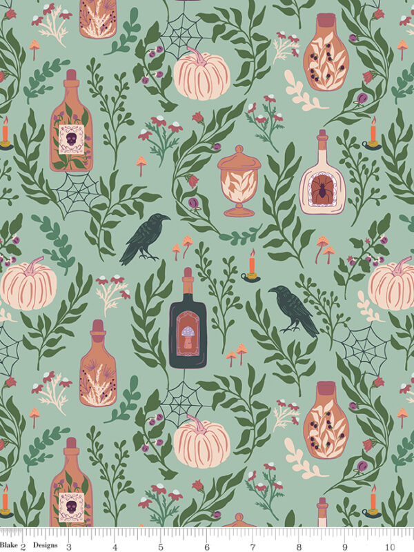 Apothecary Main Mint fabric with bottles pumpkins ravens and botanicals
