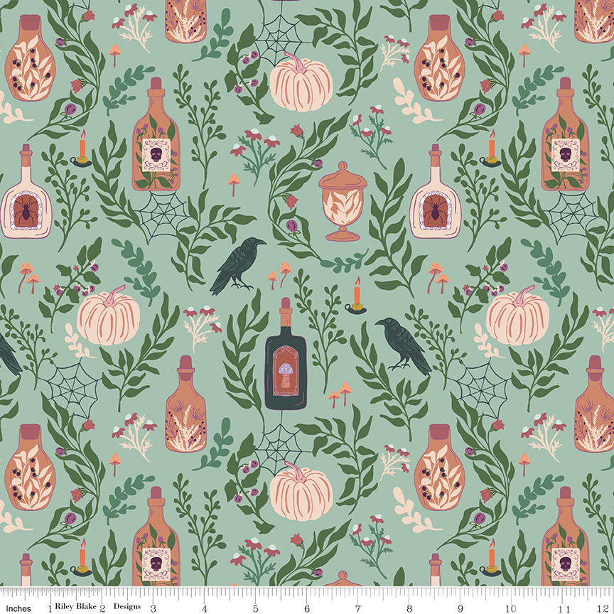 Apothecary Main Mint fabric with bottles pumpkins ravens and botanicals