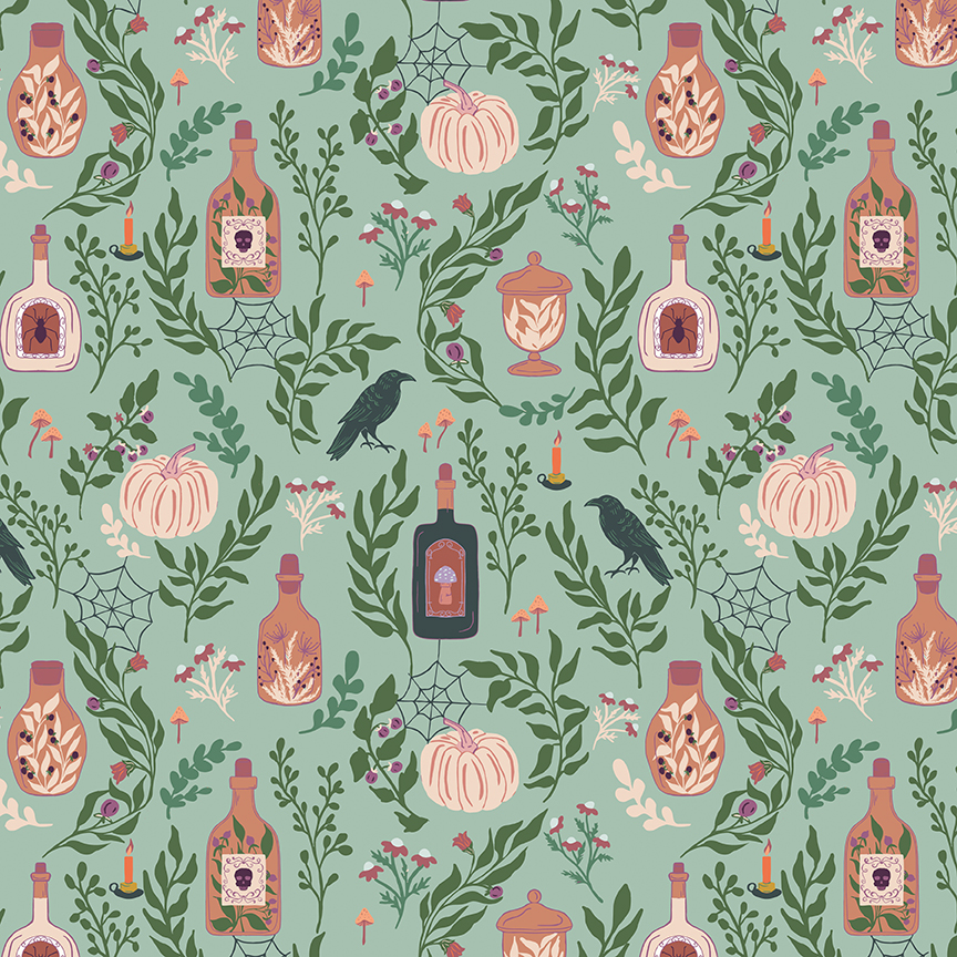 Apothecary Main Mint fabric with bottles pumpkins ravens and botanicals