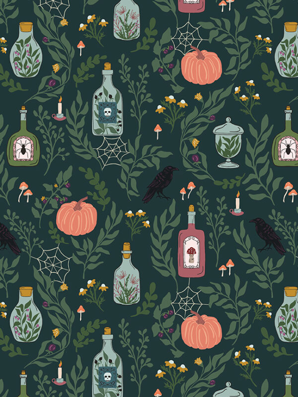Apothecary Main Deep Teal fabric with bottles pumpkins ravens and botanicals