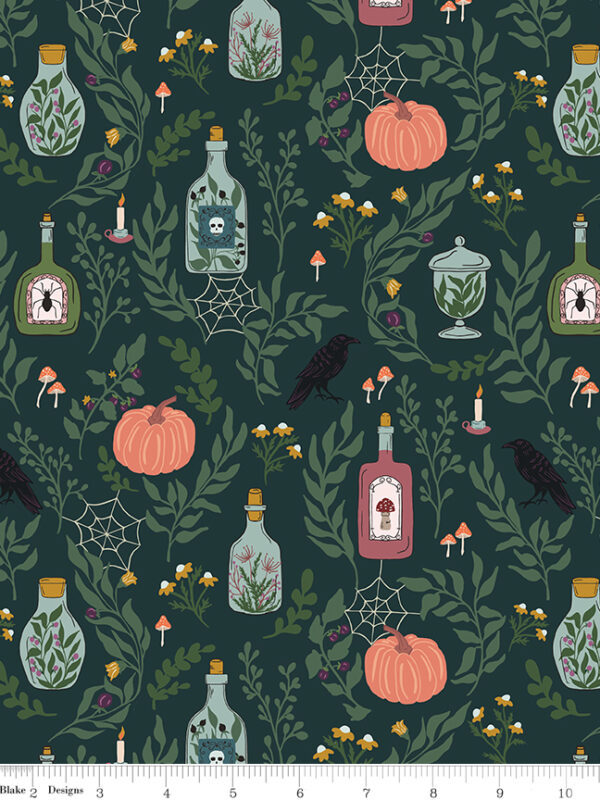 Apothecary Main Deep Teal fabric with bottles pumpkins ravens and botanicals