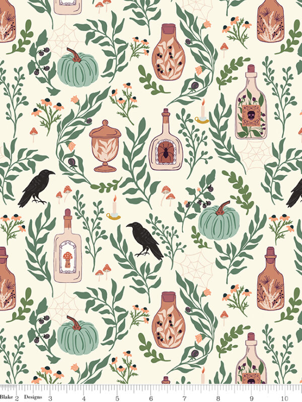 Apothecary Main Cream fabric with bottles pumpkins ravens and botanicals on light background