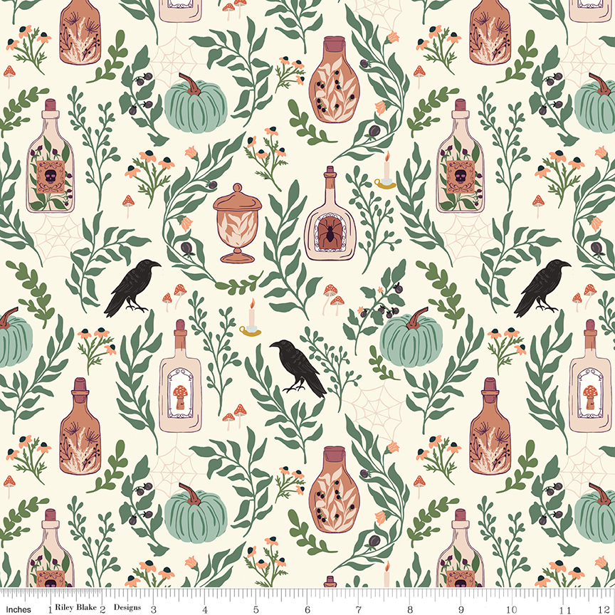 Apothecary Main Cream fabric with bottles pumpkins ravens and botanicals on light background