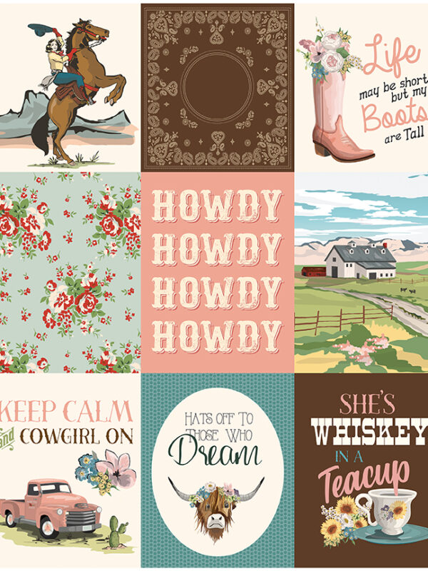 Cowgirl fabric panel by Echo Park for Riley Blake Designs with western illustrations and quotes