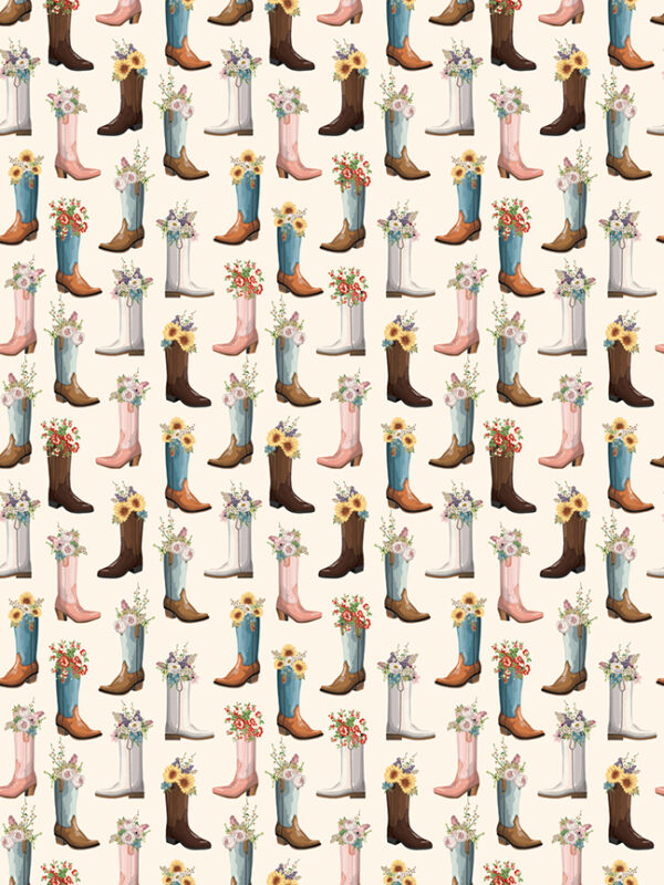Cowgirl Boots Cream fabric by Echo Park for Riley Blake Designs with floral cowboy boots print