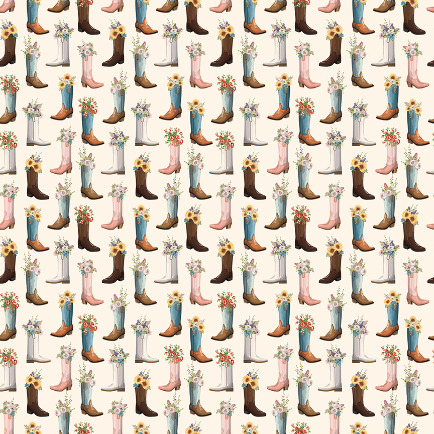 Cowgirl Boots Cream fabric by Echo Park for Riley Blake Designs with floral cowboy boots print