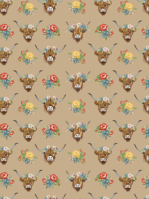 Cowgirl Highland Cows Brown fabric by Echo Park for Riley Blake Designs with floral highland cows