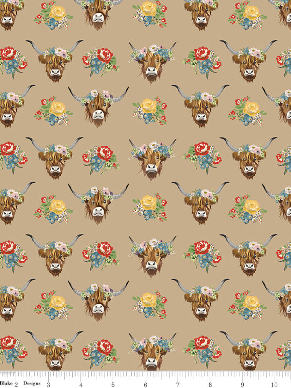 Cowgirl Highland Cows Brown fabric by Echo Park for Riley Blake Designs with floral highland cows
