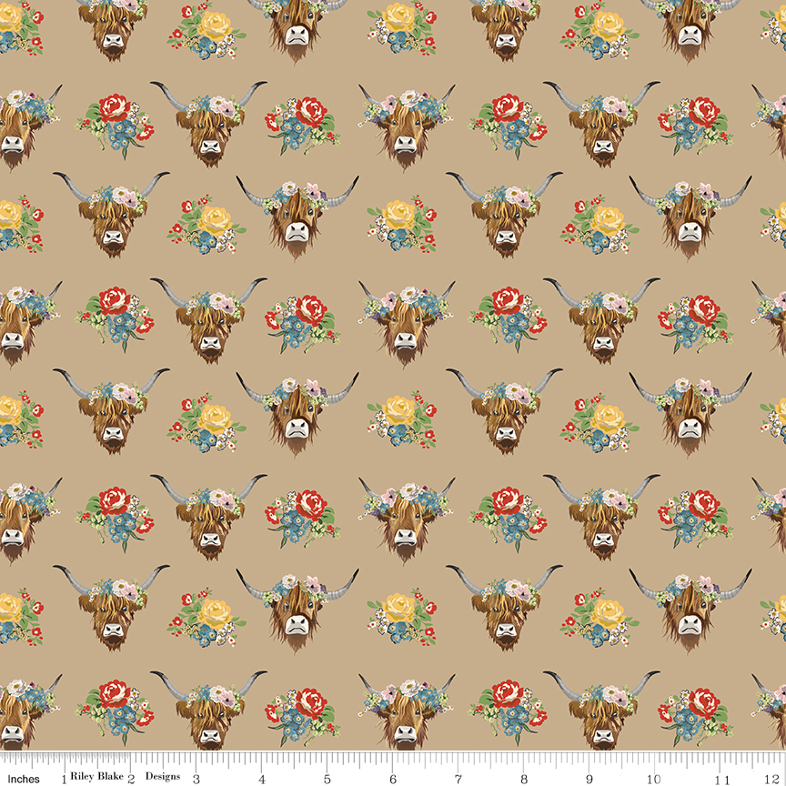 Cowgirl Highland Cows Brown fabric by Echo Park for Riley Blake Designs with floral highland cows