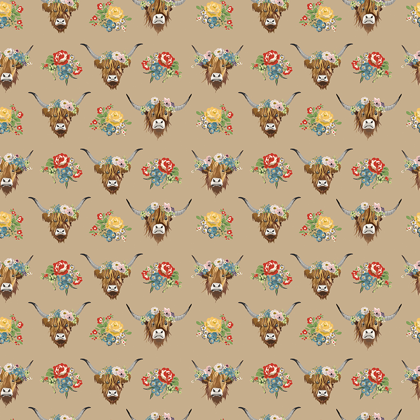 Cowgirl Highland Cows Brown fabric by Echo Park for Riley Blake Designs with floral highland cows