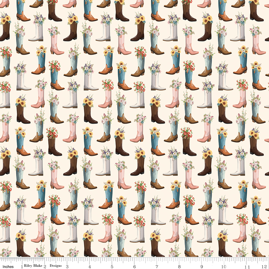 Cowgirl Boots Cream fabric by Echo Park for Riley Blake Designs with floral cowboy boots print