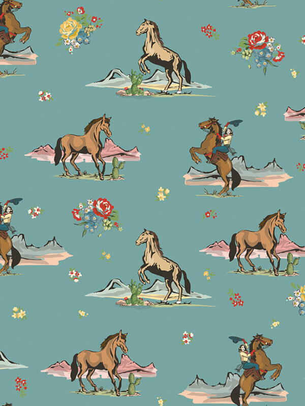 Cowgirl Main Blue fabric by Echo Park for Riley Blake Designs with cowgirls horses and desert scenes