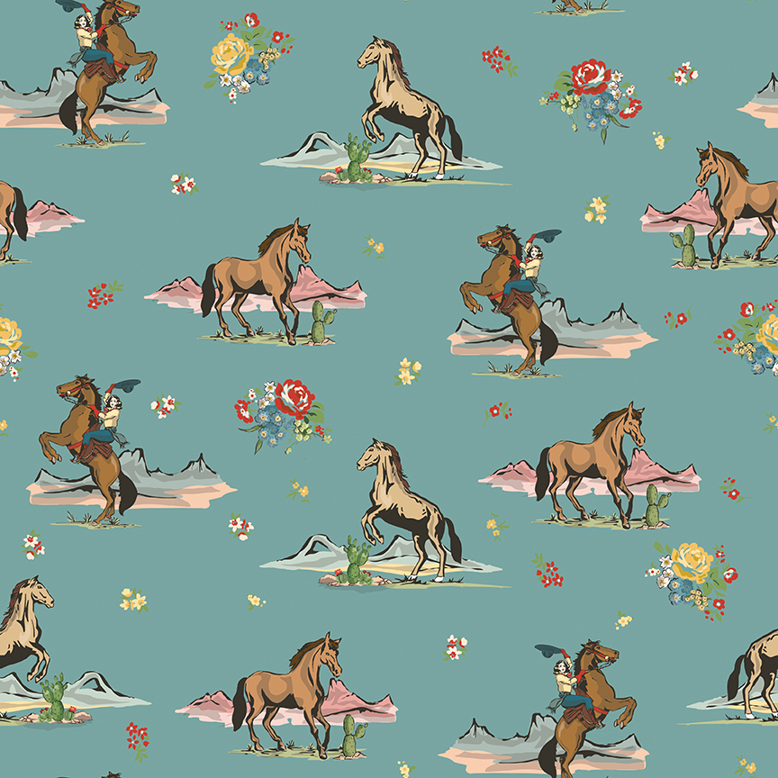 Cowgirl Main Blue fabric by Echo Park for Riley Blake Designs with cowgirls horses and desert scenes