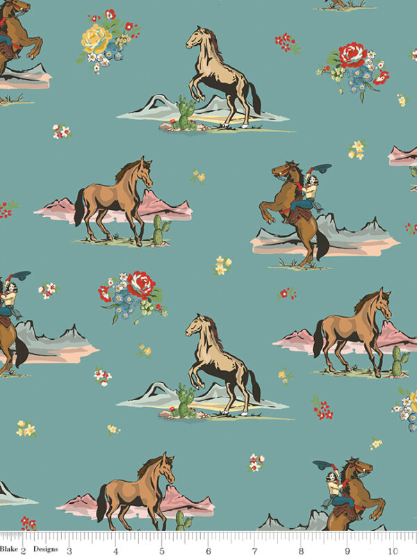 Cowgirl Main Blue fabric by Echo Park for Riley Blake Designs with cowgirls horses and desert scenes