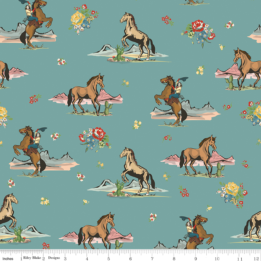 Cowgirl Main Blue fabric by Echo Park for Riley Blake Designs with cowgirls horses and desert scenes