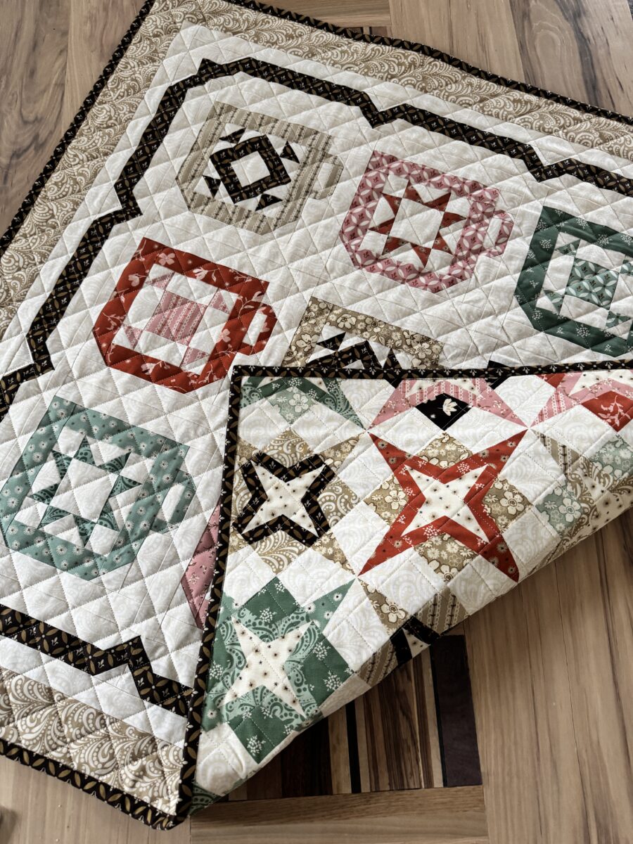 The back of the Mug Collection coffee cup quilt flipped over the front of the quilt so that the cheater print and binding are visible.