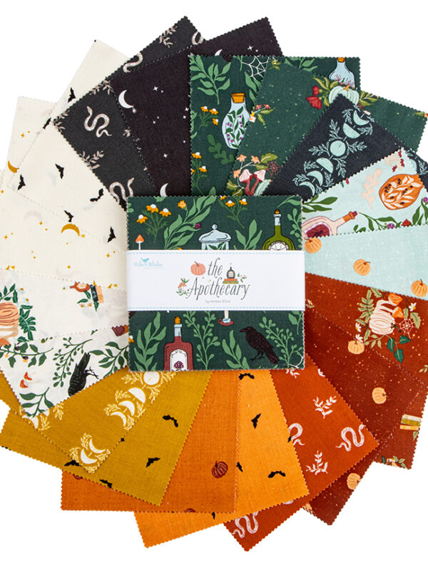 The Apothecary 5 Inch Stacker fabric bundle by Alderwood Studio for Riley Blake Designs featuring Halloween-inspired prints with botanicals, celestial motifs, pumpkins, bats, serpents, and apothecary-themed designs in rich teal, rust, gold, cream, and black tones.