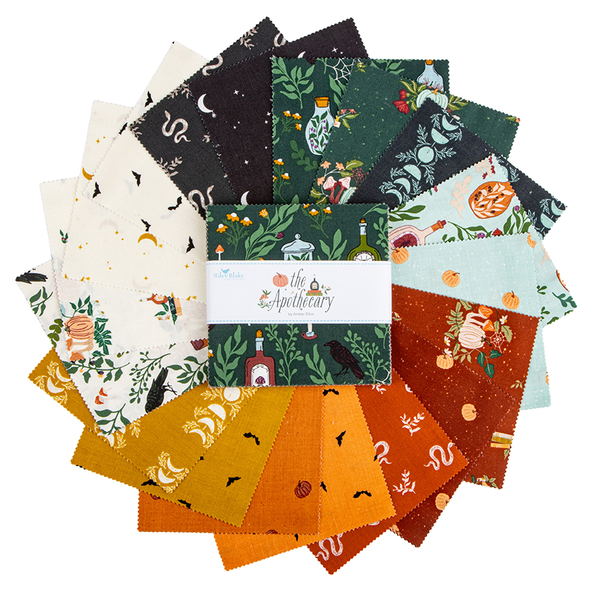 The Apothecary 5 Inch Stacker fabric bundle by Alderwood Studio for Riley Blake Designs featuring Halloween-inspired prints with botanicals, celestial motifs, pumpkins, bats, serpents, and apothecary-themed designs in rich teal, rust, gold, cream, and black tones.