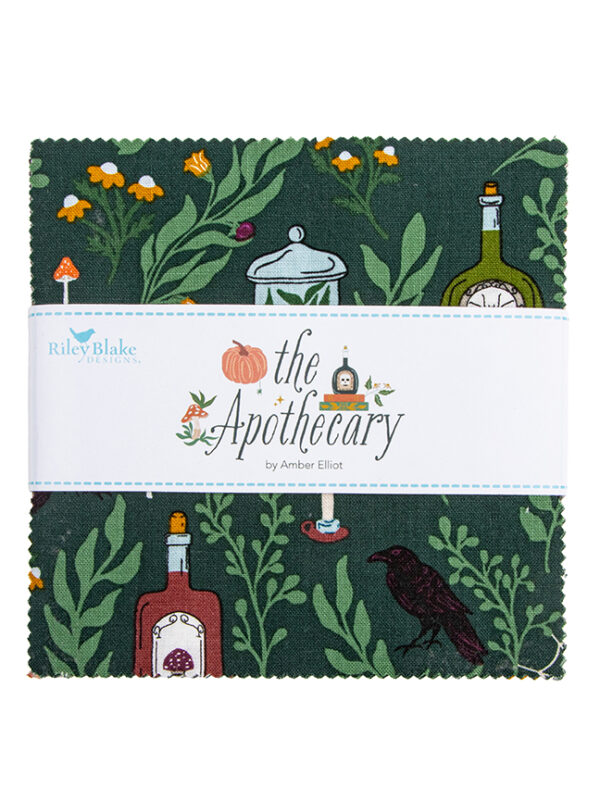 The Apothecary 5 Inch Stacker fabric bundle by Alderwood Studio for Riley Blake Designs featuring Halloween-inspired prints with botanicals, celestial motifs, pumpkins, bats, serpents, and apothecary-themed designs in rich teal, rust, gold, cream, and black tones.