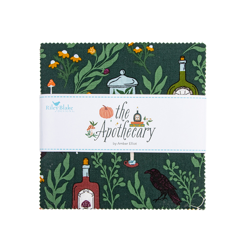 The Apothecary 5 Inch Stacker fabric bundle by Alderwood Studio for Riley Blake Designs featuring Halloween-inspired prints with botanicals, celestial motifs, pumpkins, bats, serpents, and apothecary-themed designs in rich teal, rust, gold, cream, and black tones.