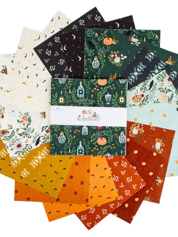 The Apothecary 10 Inch Stacker fabric bundle by Alderwood Studio for Riley Blake Designs featuring witchy Halloween prints with celestial designs, pumpkins, snakes, botanicals, and bats in rich autumn and jewel-tone colors.