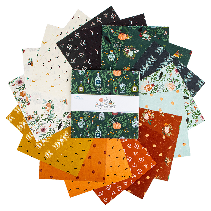 The Apothecary 10 Inch Stacker fabric bundle by Alderwood Studio for Riley Blake Designs featuring witchy Halloween prints with celestial designs, pumpkins, snakes, botanicals, and bats in rich autumn and jewel-tone colors.