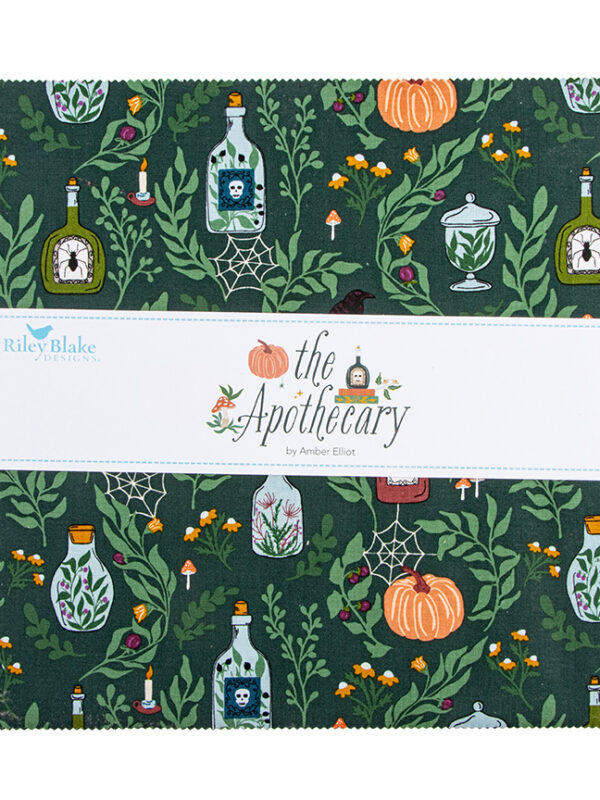 The Apothecary 10 Inch Stacker fabric bundle by Alderwood Studio for Riley Blake Designs featuring witchy Halloween prints with celestial designs, pumpkins, snakes, botanicals, and bats in rich autumn and jewel-tone colors.