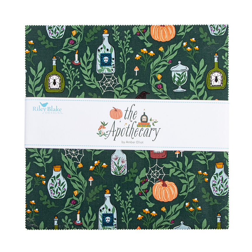 The Apothecary 10 Inch Stacker fabric bundle by Alderwood Studio for Riley Blake Designs featuring witchy Halloween prints with celestial designs, pumpkins, snakes, botanicals, and bats in rich autumn and jewel-tone colors.