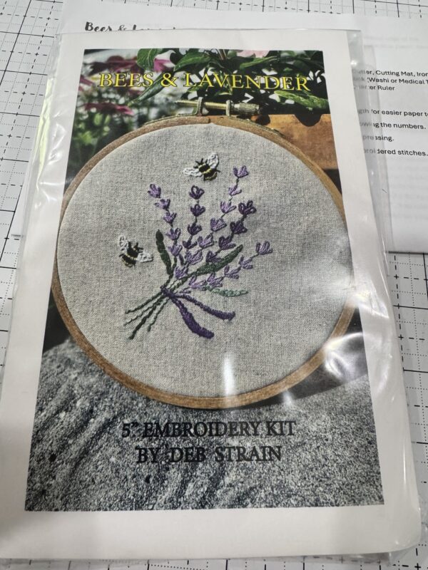 Bee and Lavender pillow embroidery kit with hoop, floss, fabric, and pillow finishing supplies