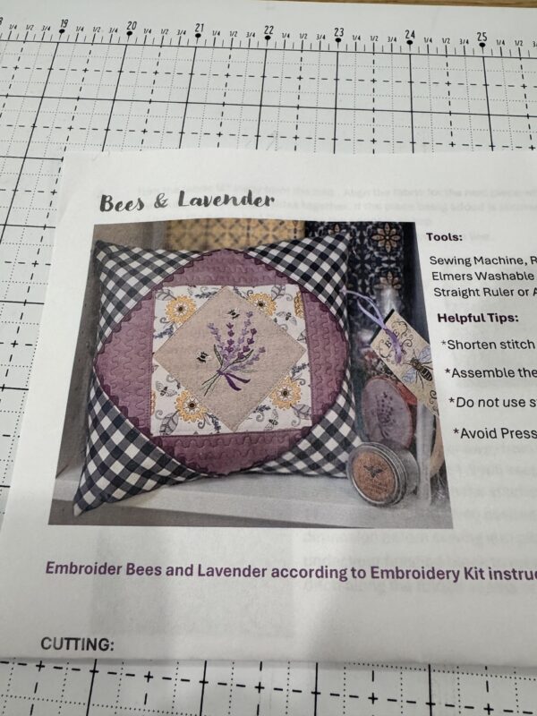 Bee and Lavender pillow embroidery kit with hoop, floss, fabric, and pillow finishing supplies