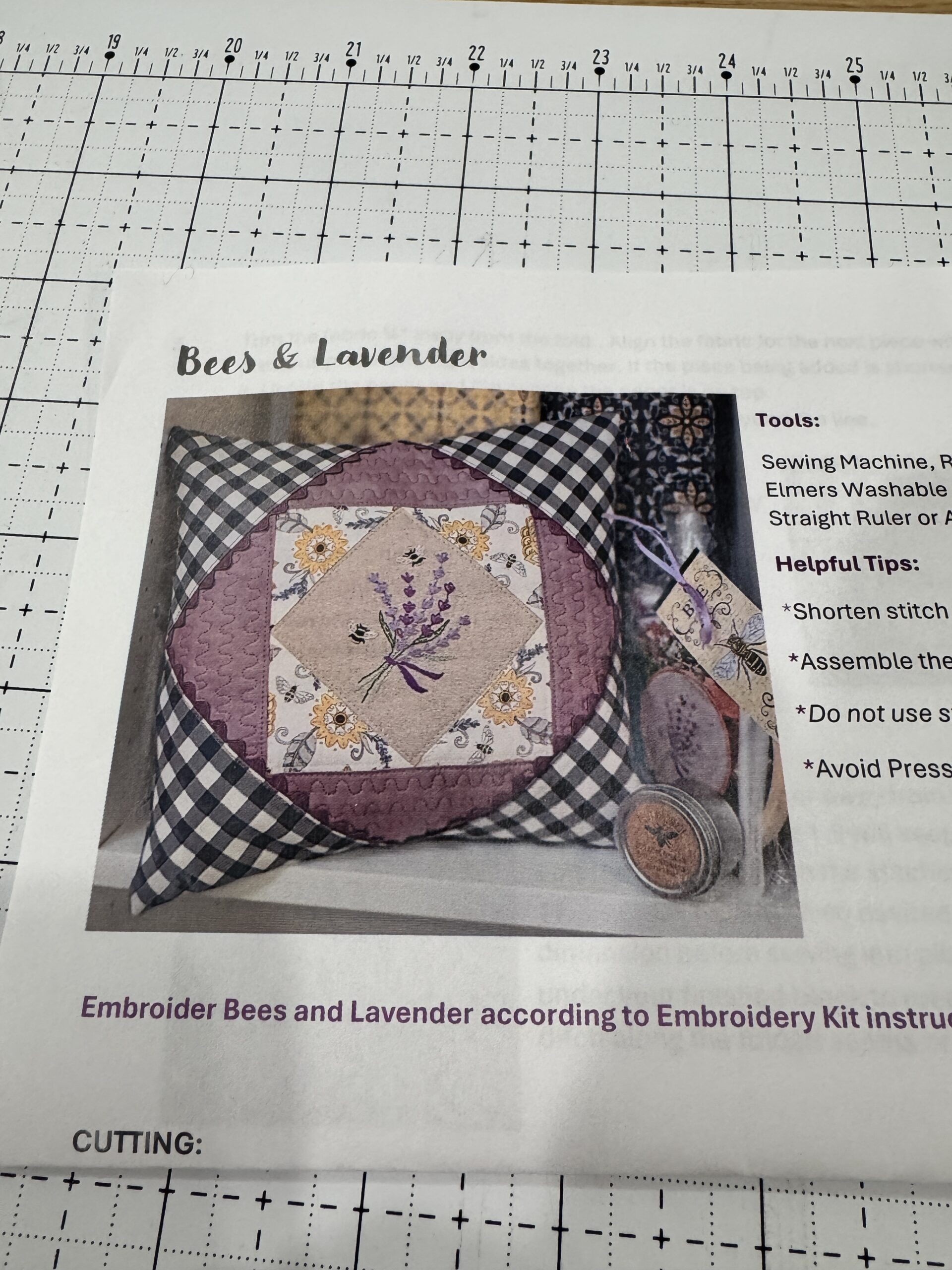Bee and Lavender pillow embroidery kit with hoop, floss, fabric, and pillow finishing supplies