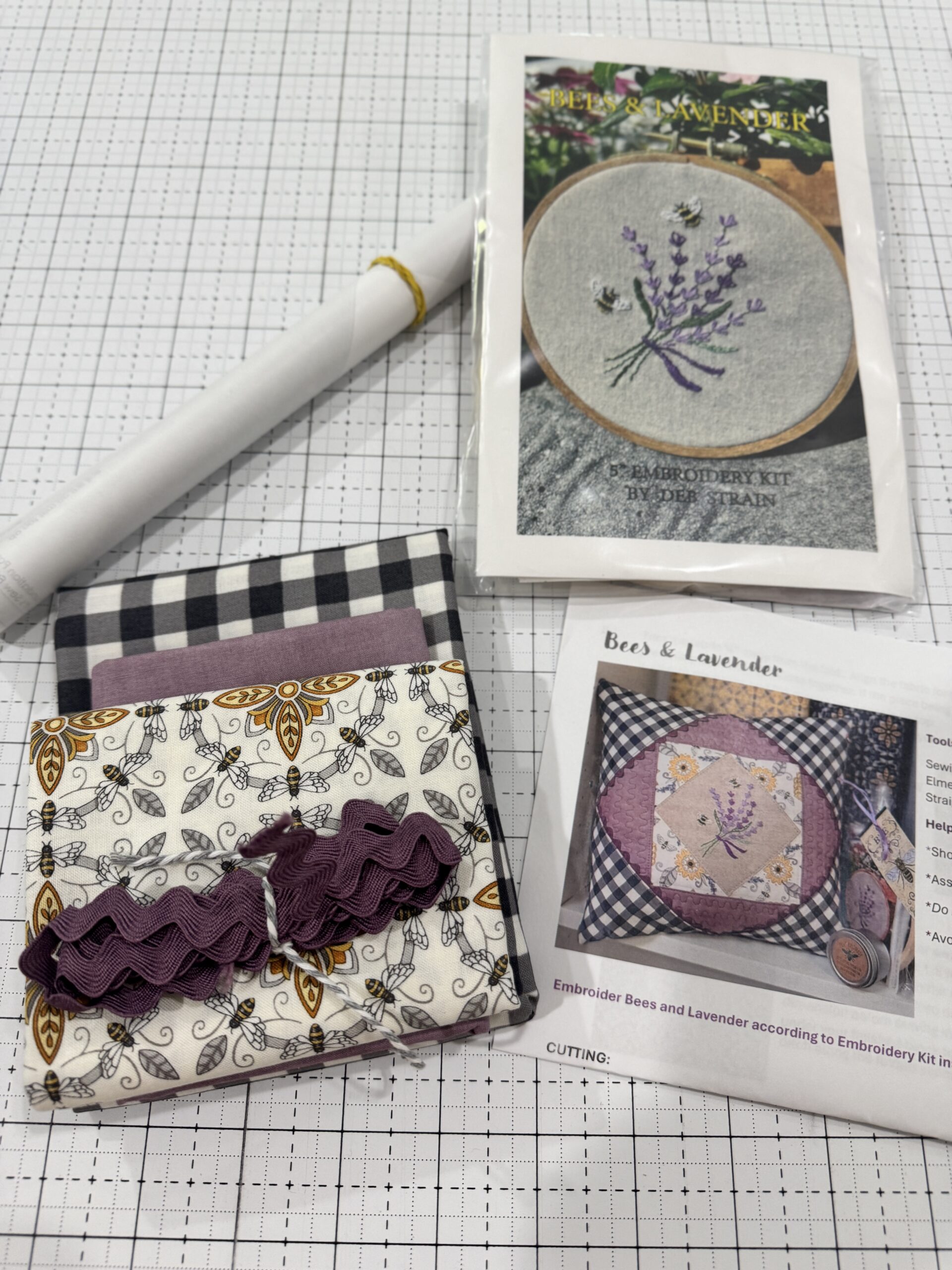 Bee and Lavender pillow embroidery kit with hoop, floss, fabric, and pillow finishing supplies